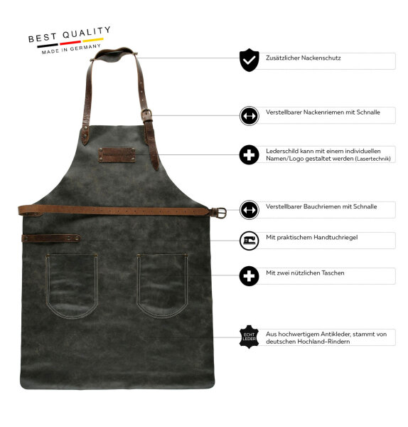 FEUERMEISTER® Grembiule in pelle antica o nappa con tasche e logo Grillstore